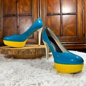 Nine West Turquoise Yellow White Colorblock Faux Patent Leather Platform Pump